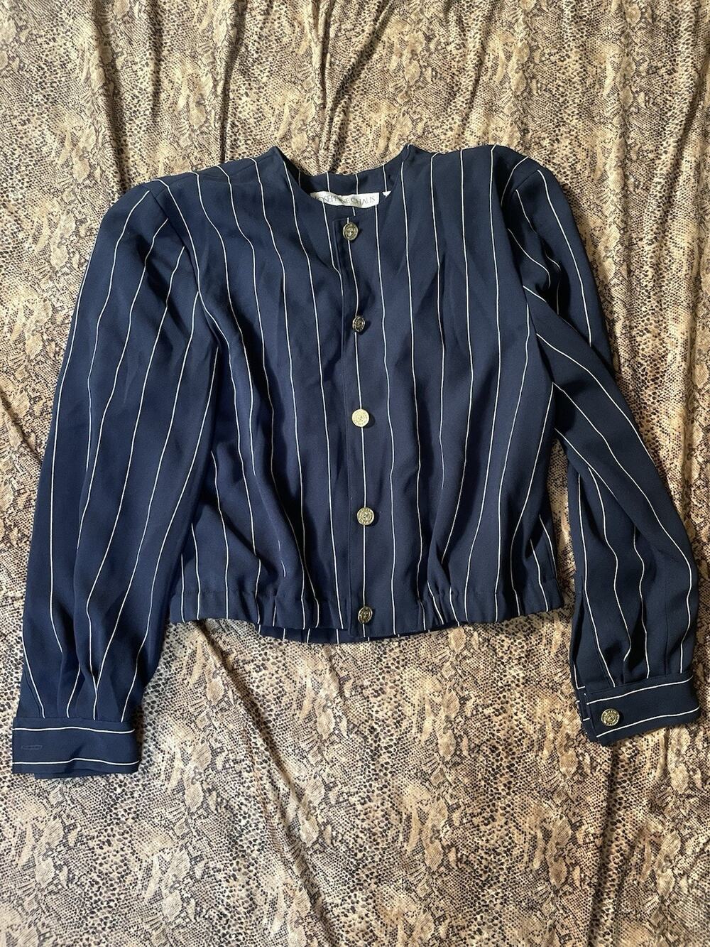 Josephine Chaus Vintage Navy Blue Pinstripe Gold Button Crop Jacket Size 12